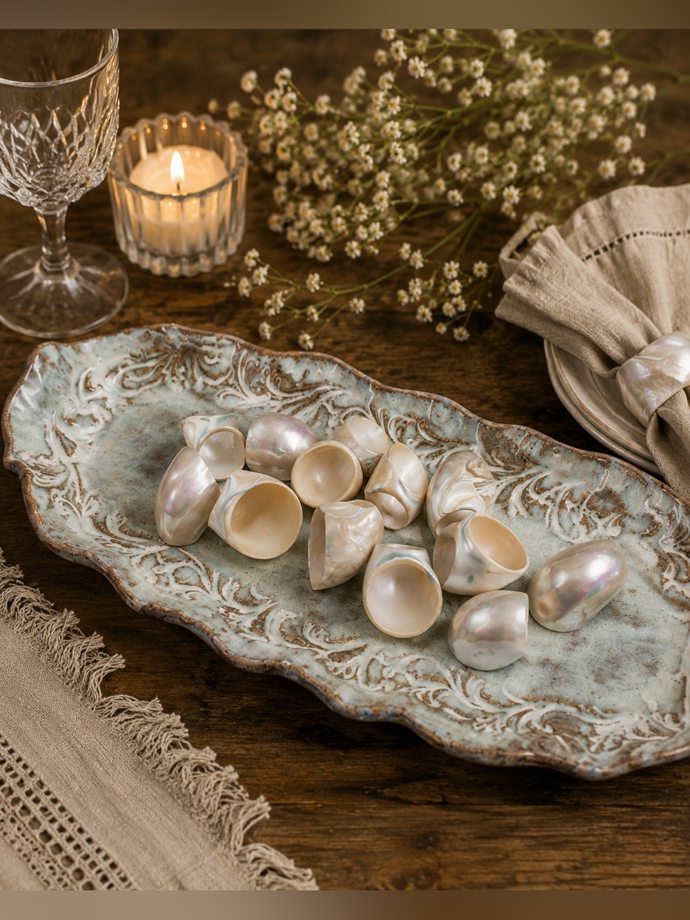 VINTAGE 1980’s NATURAL SEASHELL NAPKIN RINGS - SET OF 12 Tray not included.